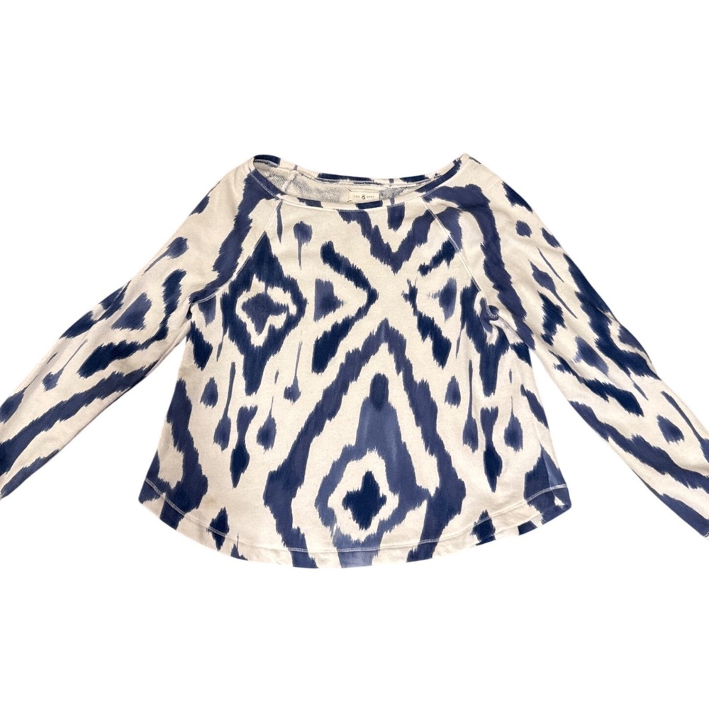 Lou & Grey Woman M Blue White Ikat Diamond Raglan Cotton French Terry Sweatshirt